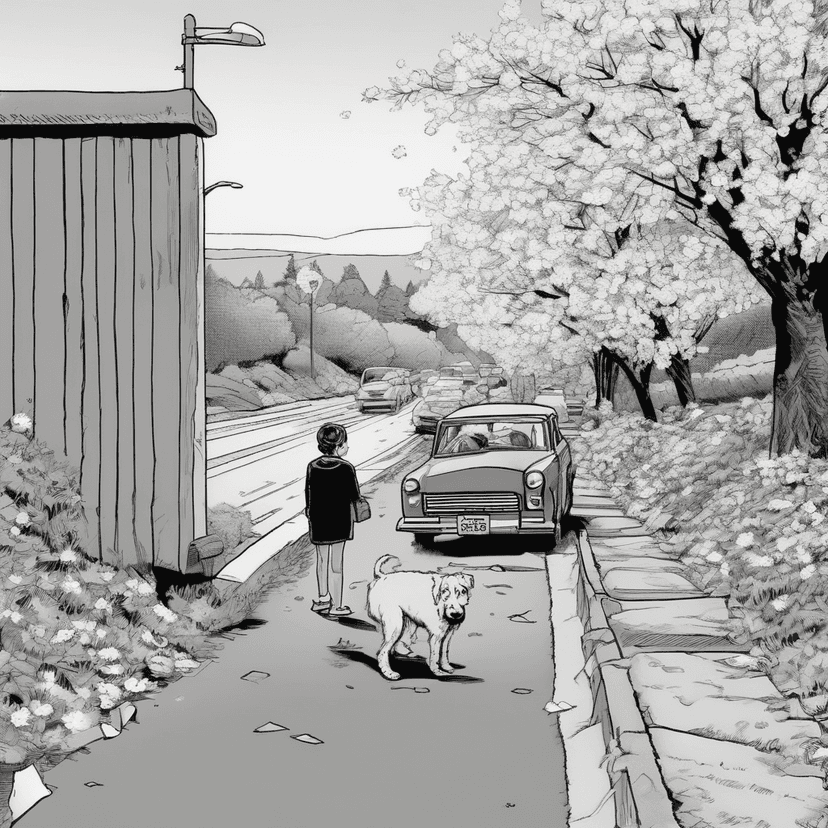 Waiting for the dog to stop sniffing cherry blossoms.